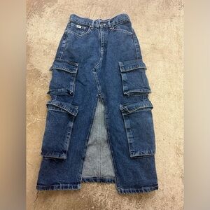 Ragged priest front slit Denim Cargo‎ Maxi Skirt